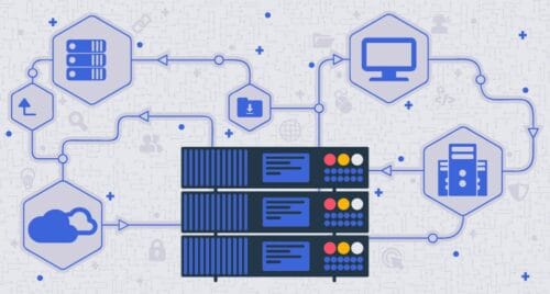 Illustration d’un hébergement WordPress performant avec serveurs SSD sécurisés et infrastructure réseau optimisée.