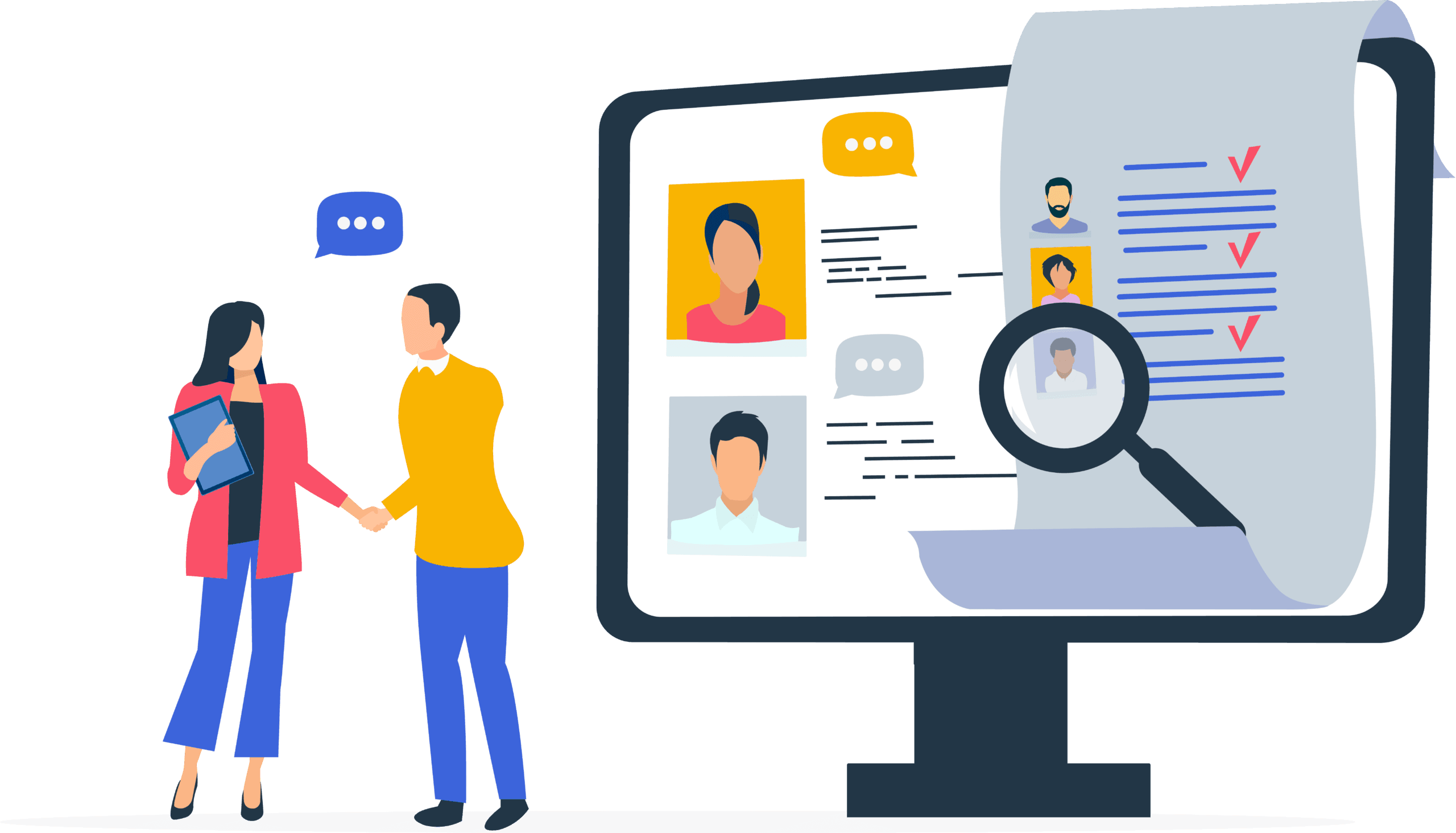 Illustration représentant une stratégie de recrutement numérique et de marketing RH avec analyse de profils candidats sur écran.