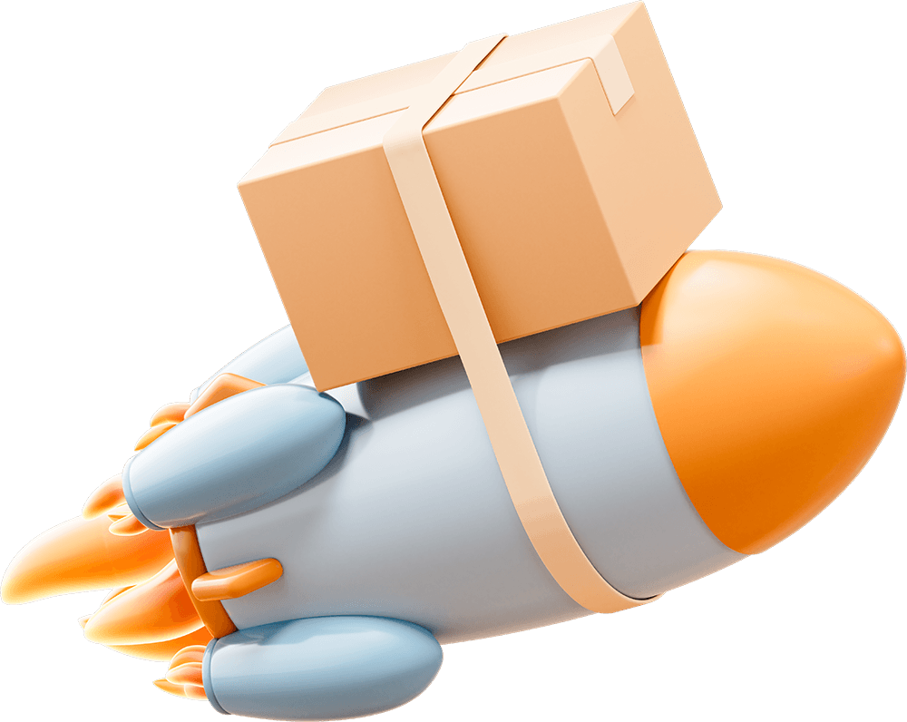 Illustration 3D d’une fusée transportant un colis — symbolisant la rapidité et l’efficacité des options de livraison pour boutiques en ligne.