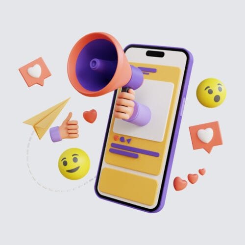Illustration 3D d’un téléphone mobile avec mégaphone et icônes de réactions (likes, commentaires, partages) représentant la communication et la visibilité sur les réseaux sociaux